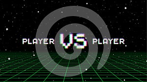 Versus sign with arcade game style with pixel letters over synthwave landscape. 80s styled VS emblem for competition