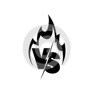 Versus sign surrounded by flames. Black and white symbol.