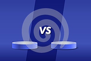 Versus VS sign with blue empty podiums or pedestals, line on background. Sport confrontation, martial arts combat, fight