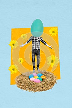 Vertical 3d photo artwork collage of young guy instead head egg caricature nest easter eggs atmosphere chrysanthemums