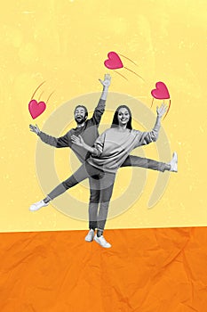 Vertical 3d photo collage of young couple dance peek wave hand palm hearts feelings relationship love isolated on