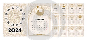 Vertical A4 Calendar of zodiac signs 2024, astrology printable template, week starts on Monday, natal beige background