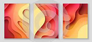 Vertical A4 flyers with 3D abstract background with paper cut red waves. Vector design layout