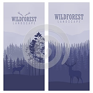 Vertical abstract banners of wild deer in forest with trunks of trees