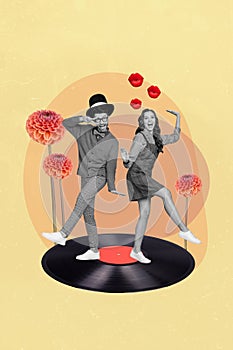 Vertical abstract collage of hipsters dancing at party vinyl disc having good time together wear vintage hat isolated on