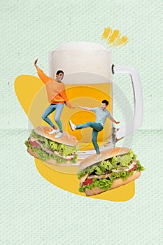 Vertical abstract collage of two excited mini people stand big burger dancing pint beer isolated on creative background