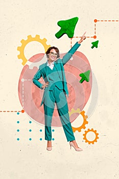 Vertical abstract photo collage of cheerful lady create successful working start up pointing with raised hand on