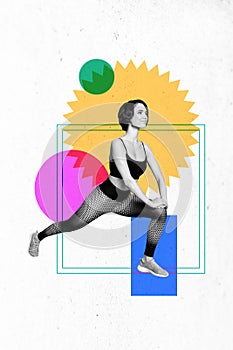 Vertical abstract photo collage poster of motivated calm sportswoman do exercise fitness warmup at gym bodycare on