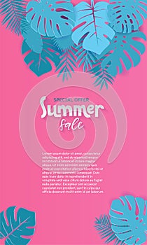 Vertical Abstract Summer Sale paper cut Background with Palm, monstera, banana Leaves with place for your text.Trendy Jungle