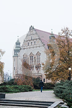 Vertical of Adam Mickiewicz university on a gloomy autumn day