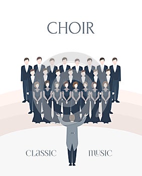 Vertical advertising poster of performance classical choir. Man and woman singers together with conductor. Colorful