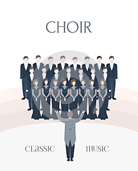 Vertikální reklama plakát z výkon klasický pěvecký sbor. muž a žena zpěváci společně dirigent. barvitý 