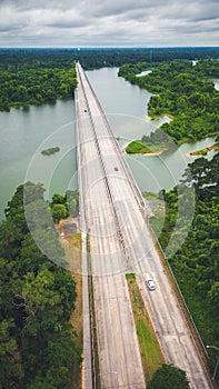 Vertical aerial of a bridge over Lake Houston, Texas