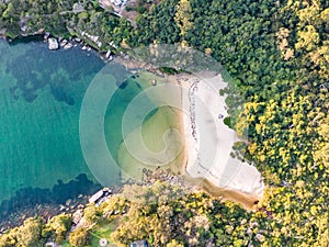 Vertical aerial drone view of Collins Flat Beach, part of Sydney Harbour National Park.