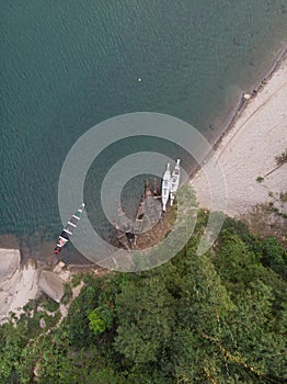 Vertical aerial shot of boats in Spiti valley, Kaza