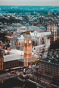 Vertical aerial shot of a cityscape in London with Big Ben and high-rise buildings