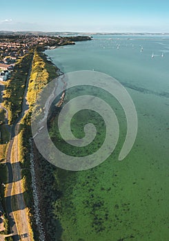 Vertical aerial shot of the coast at Rodwell Trail, Wyke, Weymouth, Dorset, UK