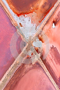 Vertical aerial top view of salt lakes in Lochiel, South Australia