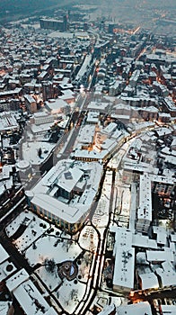 Vertical aerial view of the Brcko District in Bosnia and Herzegovina on a snowy day