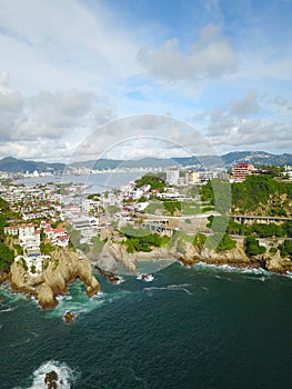 Vertical aerial view of the cliffs of Acapulco in the area known as La Quebrada