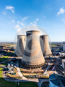 Vertical  aerial view of cooling towers at a power plant