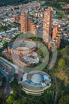 Vertical aerial view of the famous Santamaria Bullfighting arena and the surrounding buildings