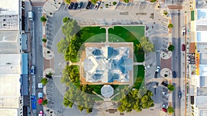 Vertical aerial view of Historic Hood County Courthouse in Downtown Square Granbury, Texas, USA