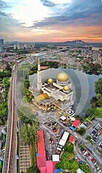 Vertical aerial view of the Masjid As-Salam Puchong Perdana in Malaysia
