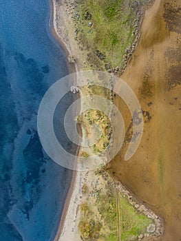 Vertical aerial view of the shore in Skala Kalloni, Lesvos, Greece