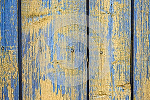 Vertical aged boards are blue with peeled off background paint