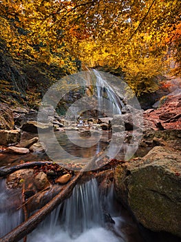 Vertical Amazing Landscape With Waterfall And Colorful Autumn Forest. Autumn Forest Landscape With Beautiful Cold Creek. Enchanted