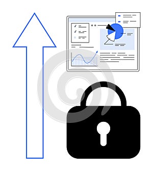 Data Security Visualization with Growth Arrow, Analytics Dashboard, and Lock Icon for Secure Progress