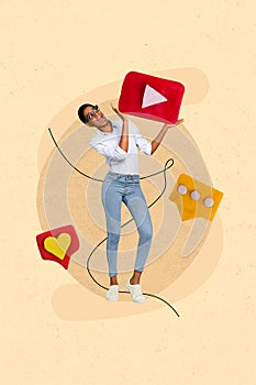 Vertical artwork collage of excited person hands hold start play youtube icon button receive comment like notification