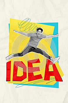 Vertical artwork collage funny guy student jump up above big idea word intelligent knowledge learning concept background
