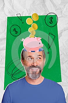 Vertical artwork collage of positive aged man toothy smile think money pig bank inside head collect save coins isolated
