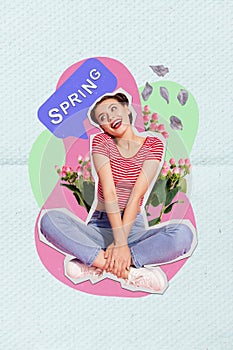 Vertical artwork composite creative photo collage of charming pretty nice girl sitting enjoy springtime isolated