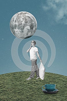 Vertical artwork fantasy photo collage of young sleepy woman in pajama stand on grass hold pillow yawn just wake up