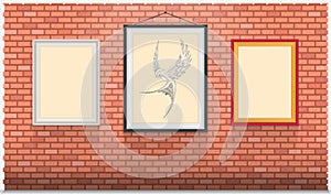 Vertical artwork frame hanging on the bricks wall - stock vector