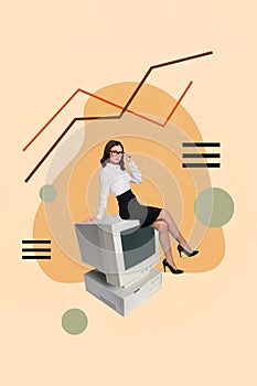 Vertical artwork modern photo collage of business lady sit big computer monitor diagram stats invest income graphics