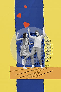 Vertical artwork photo collage of overjoyed couple dancing at party discotheque have fun crazy entertainment on creative