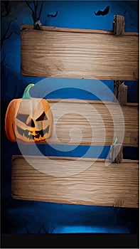 Vertical autumn background with hanging wooden signboard, halloween pumpkins in gothic style