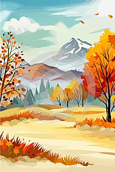 Vertical Autumn Landscape Forest Blue Cloud Sky against the background of hills and mountains yellow