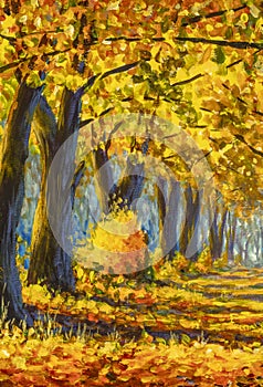 Autumn oil painting big old trees oak in autumn park forest