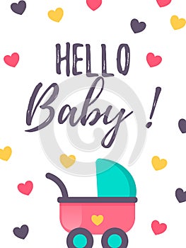 Vertical baby shower card with a cute baby carriage. Itâ€™s a girl