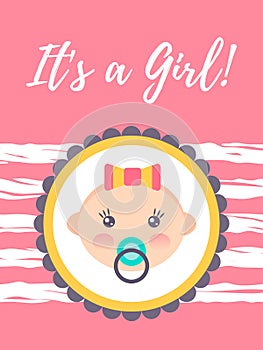 Vertical baby shower card with a cute baby girl. Itâ€™s a girl