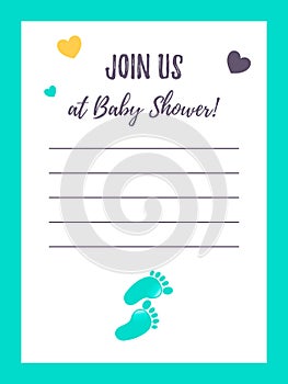 Vertical baby shower invitation template with a cute feet print. Itâ€™s a boy