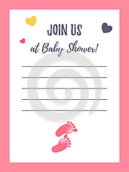 Vertical baby shower invitation template with a cute feet print. Itâ€™s a girl