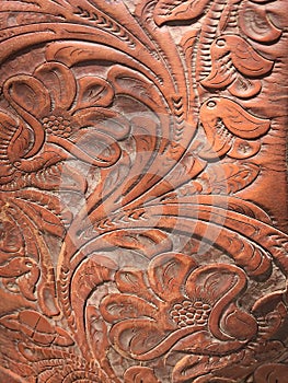 Close-up detail  of old vintage tooled leather saddle in Tucson Arizona