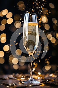 Vertical background with a glass of sparkling wine. The concept of alcoholic beverages for the holidays.