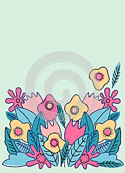 Vertical background with hand drawn abstract flowers and place for your text. Modern abstract style with ethnic motif